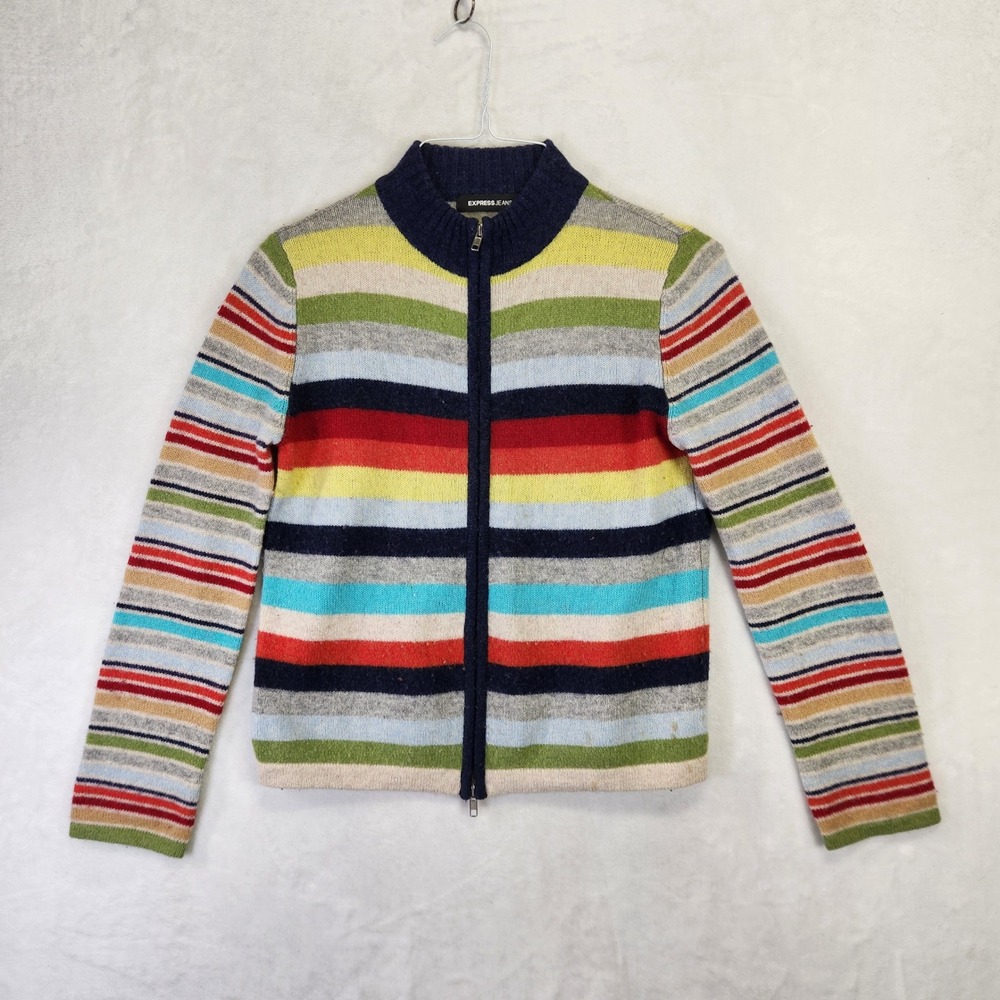 Express Jeans Vintage Striped Zip Up Sweater Lambswool Blend Multi Color‎ Small